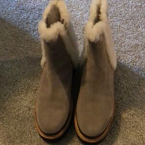 Gray suede ankle boots with shearling accent